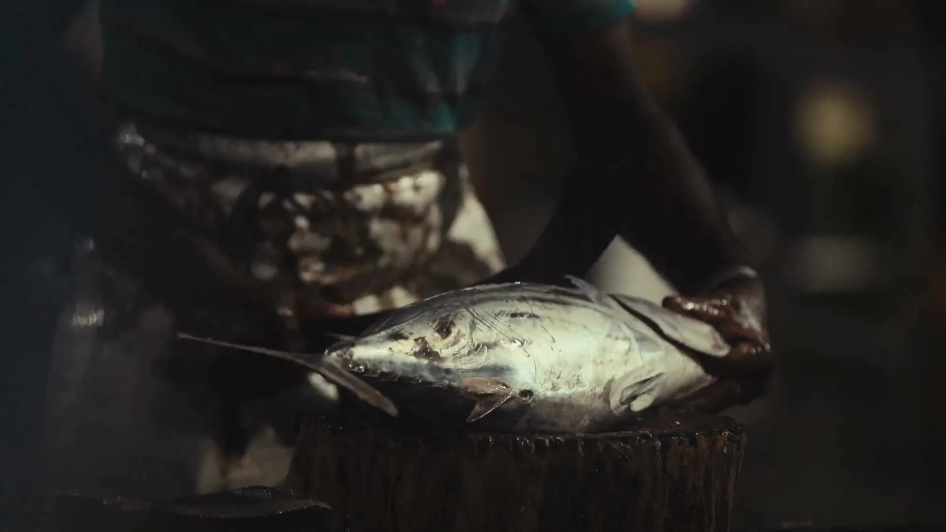 Hands cutting a tuna on the block
