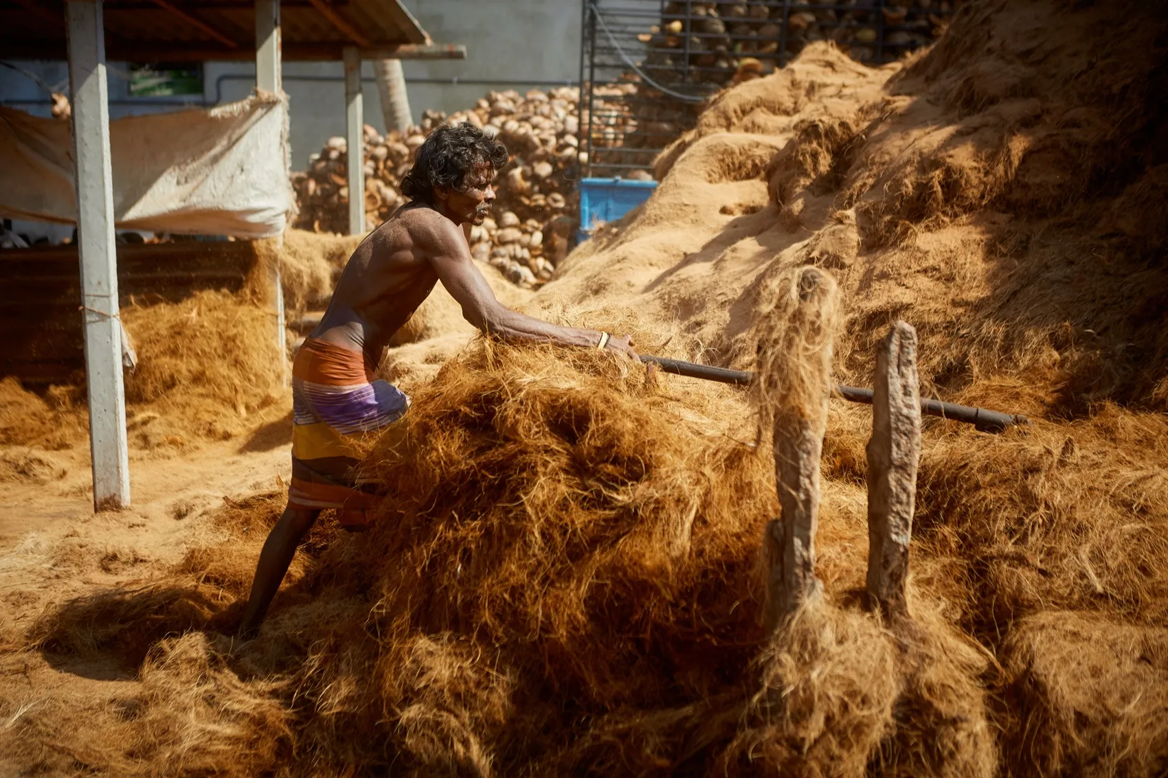 Working the coir fibre by hand